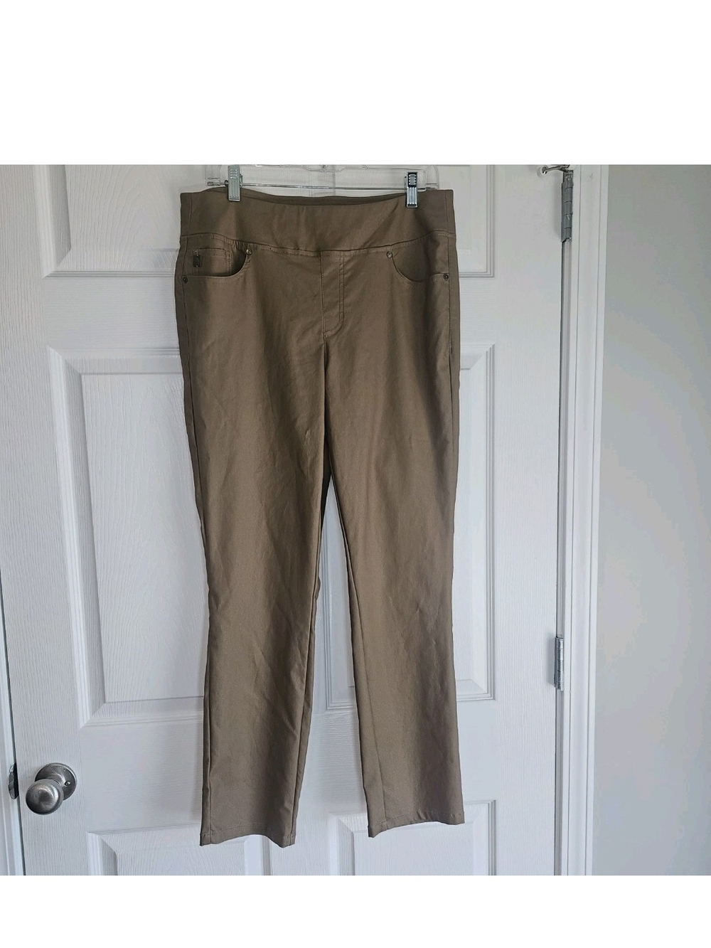Belle by Kim Gravel Coated Twill Straight Leg Pant Brown 14 Earth Tone Polished